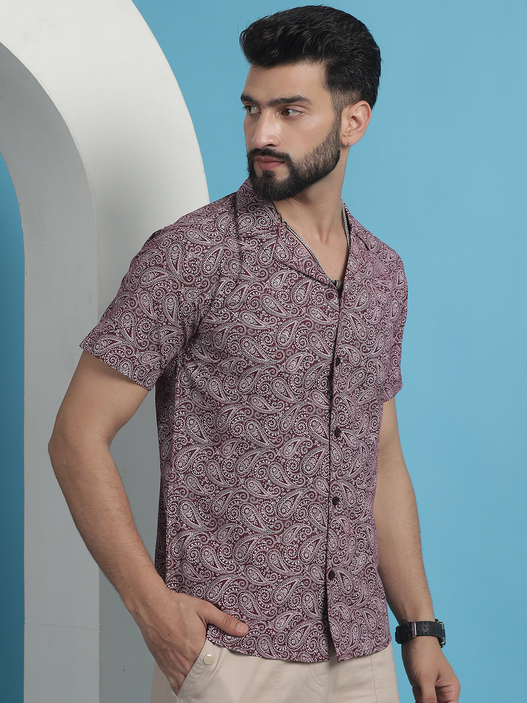 Men's Maroon Paisley Printed Cotton Casual Shirt - Taantav