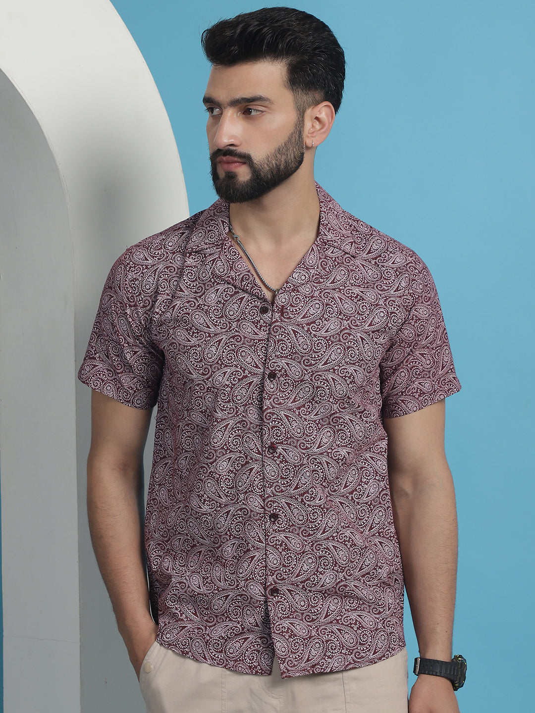 Men's Maroon Paisley Printed Cotton Casual Shirt - Taantav