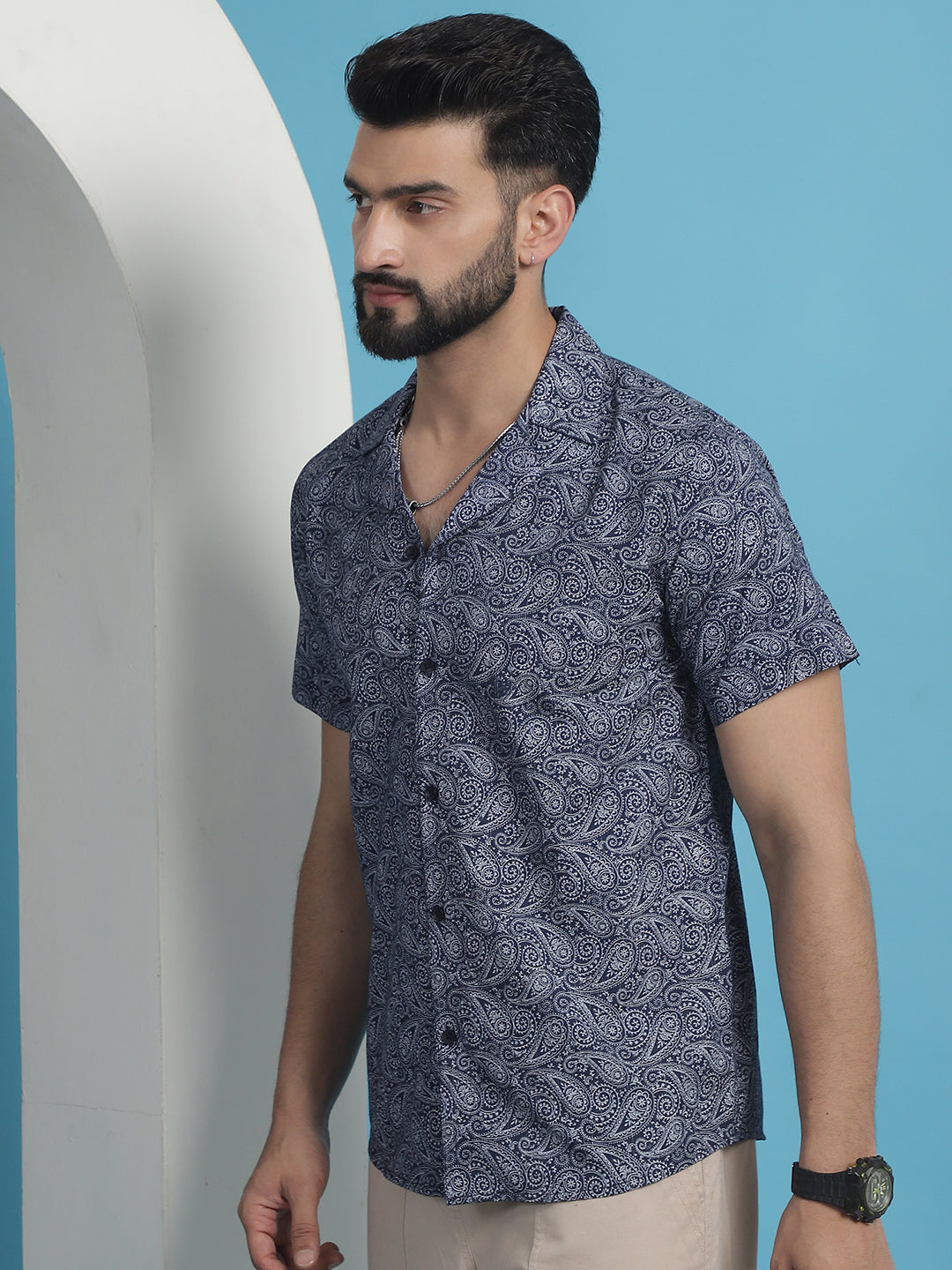 Men's Navy Blue Paisley Printed Cotton Casual Shirt - Taantav