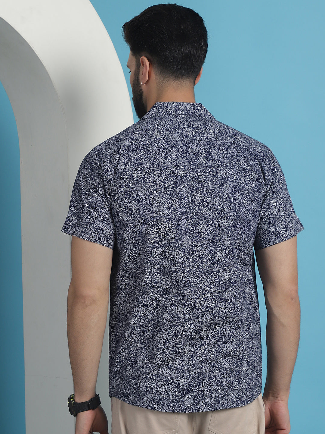 Men's Navy Blue Paisley Printed Cotton Casual Shirt - Taantav