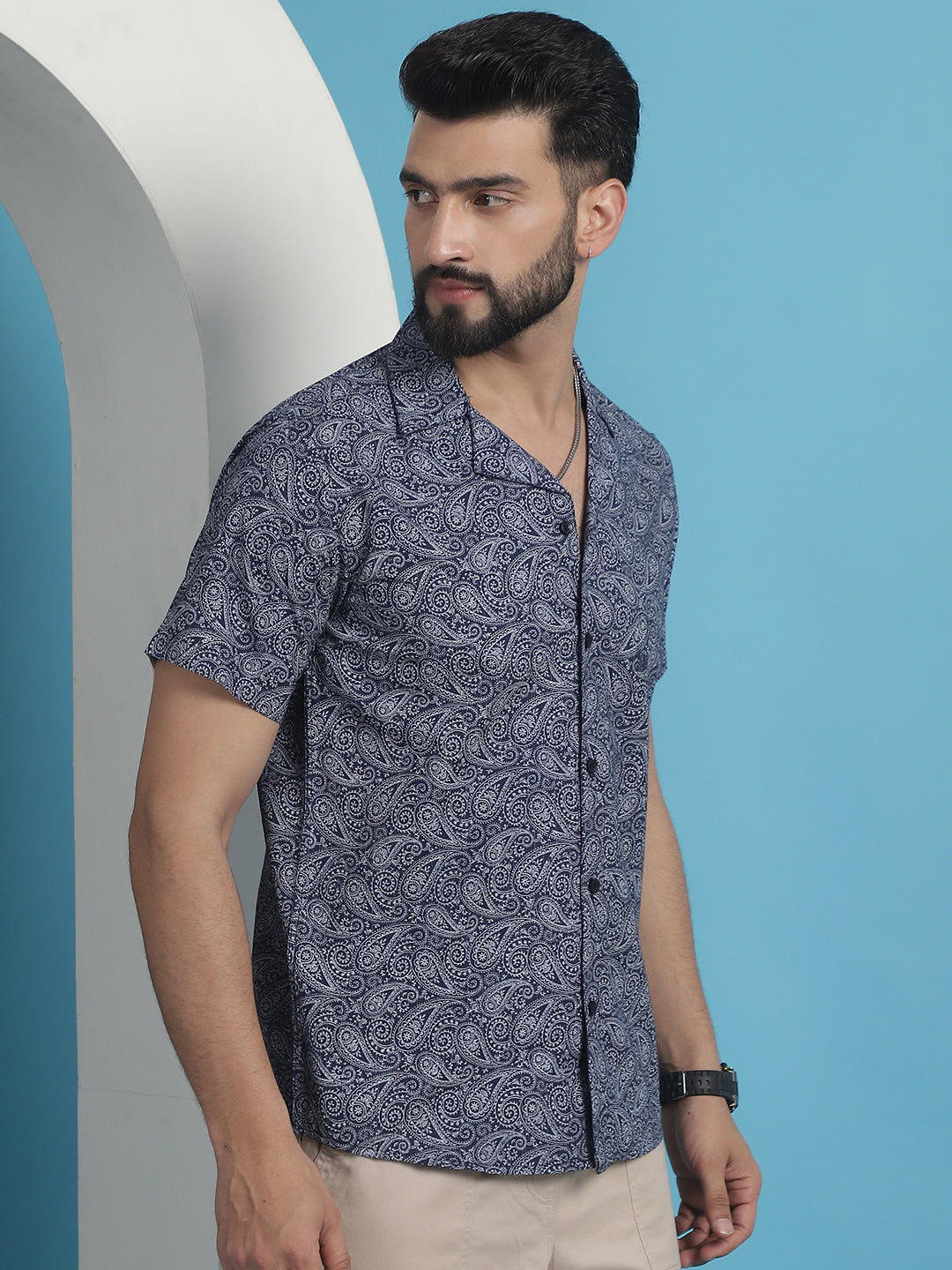 Men's Navy Blue Paisley Printed Cotton Casual Shirt - Taantav