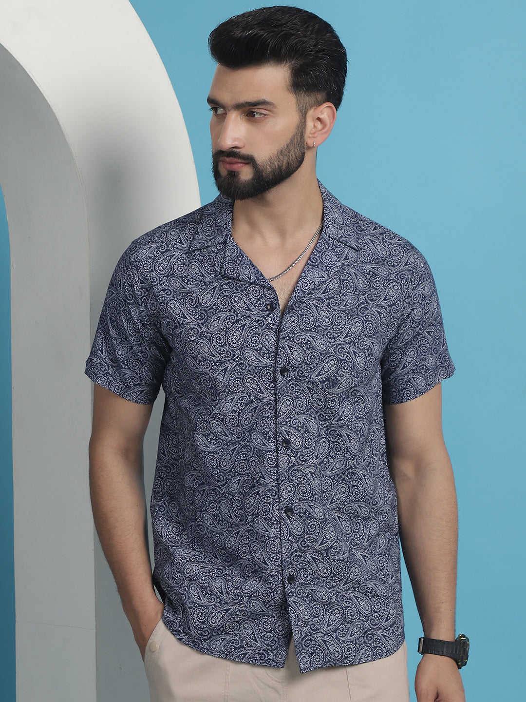 Men's Navy Blue Paisley Printed Cotton Casual Shirt - Taantav