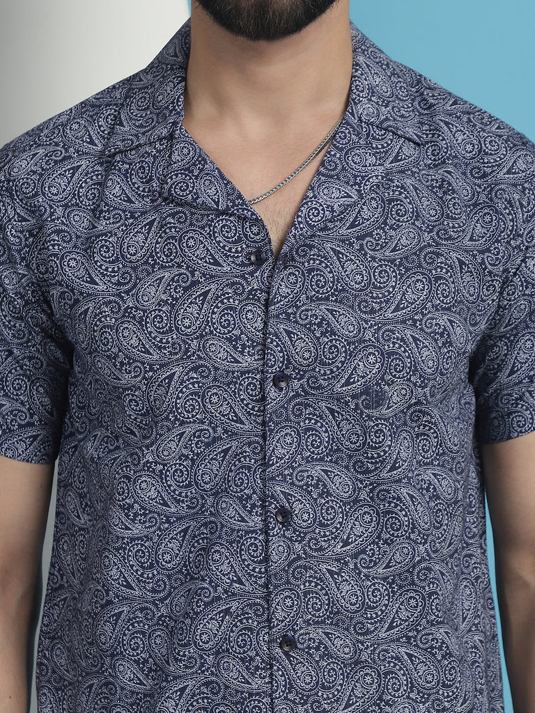 Men's Navy Blue Paisley Printed Cotton Casual Shirt