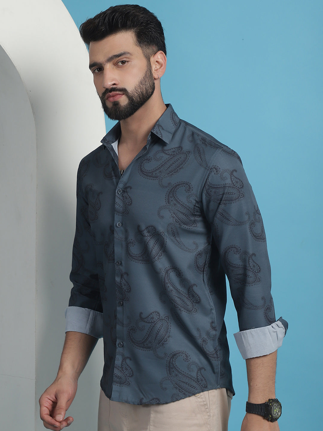 Men's Grey Floral Printed Cotton Casual Shirt - Taantav