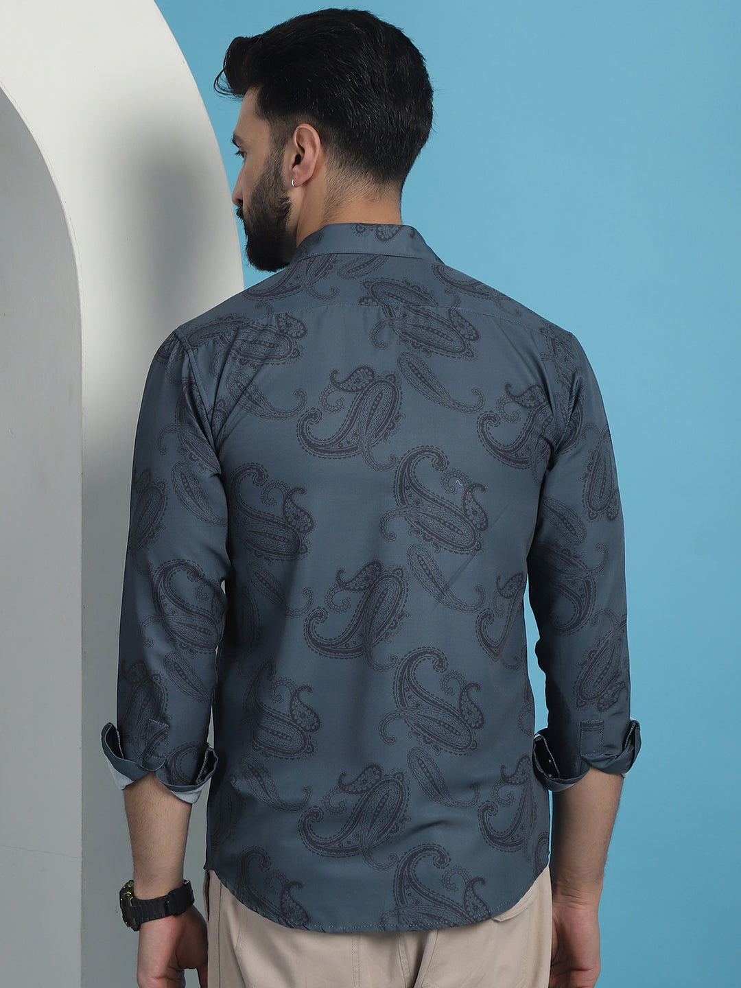 Men's Grey Floral Printed Cotton Casual Shirt - Taantav