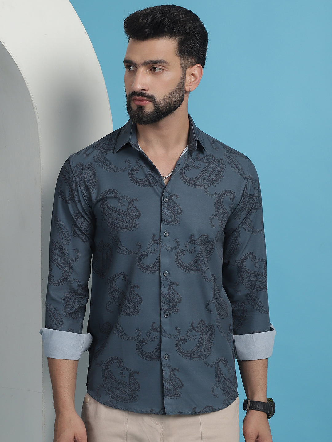 Men's Grey Floral Printed Cotton Casual Shirt - Taantav