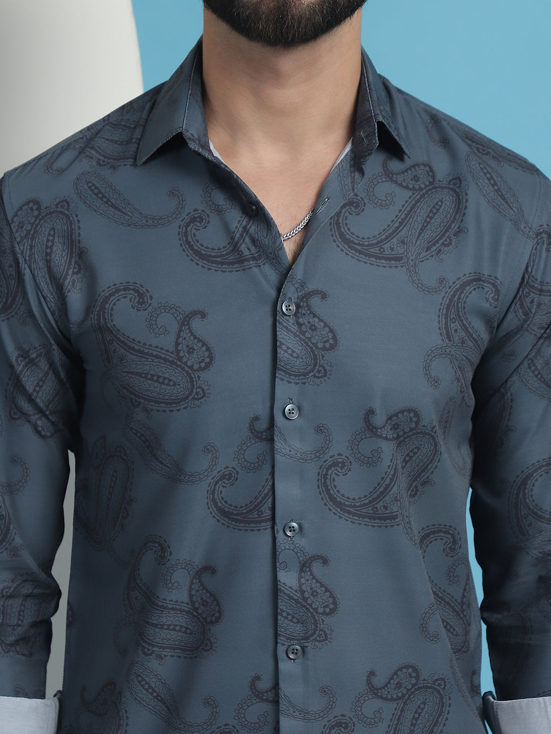 Men's Grey Floral Printed Cotton Casual Shirt - Taantav