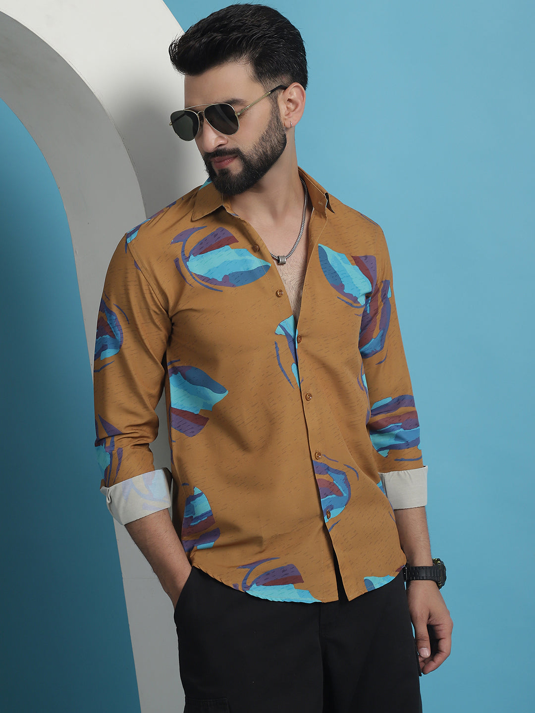 Men's Mustard Floral Printed Cotton Casual Shirt - Taantav