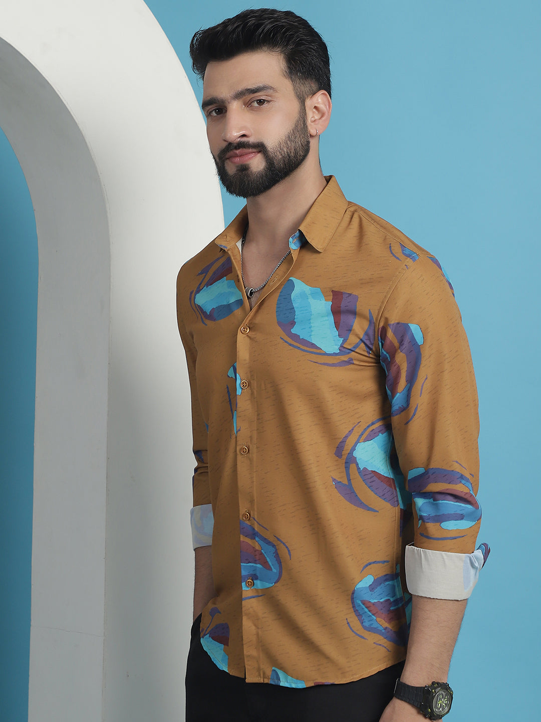 Men's Mustard Floral Printed Cotton Casual Shirt - Taantav