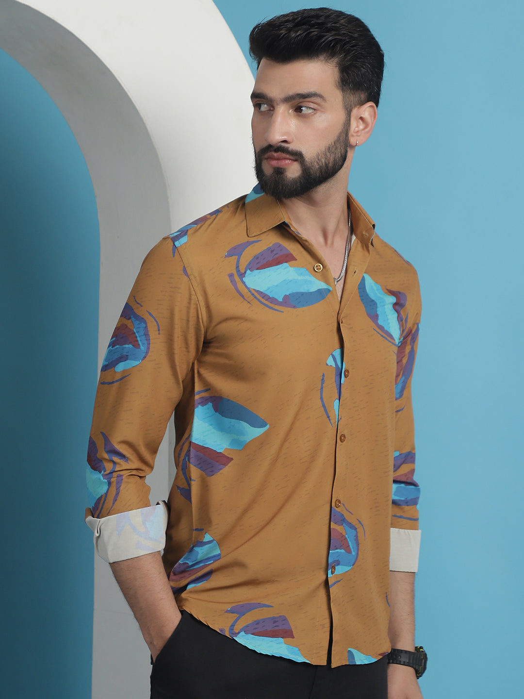 Men's Mustard Floral Printed Cotton Casual Shirt - Taantav