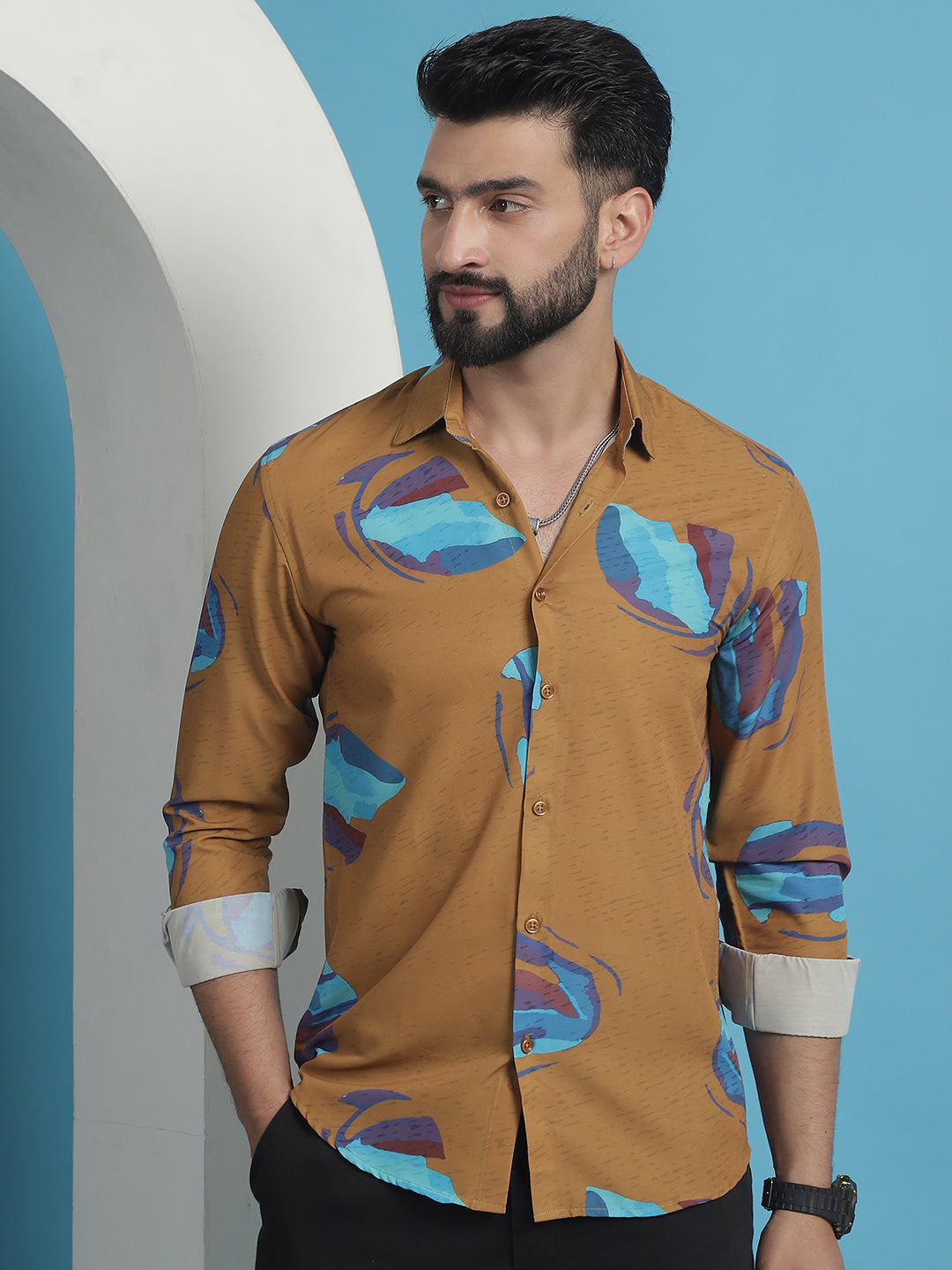 Men's Mustard Floral Printed Cotton Casual Shirt - Taantav