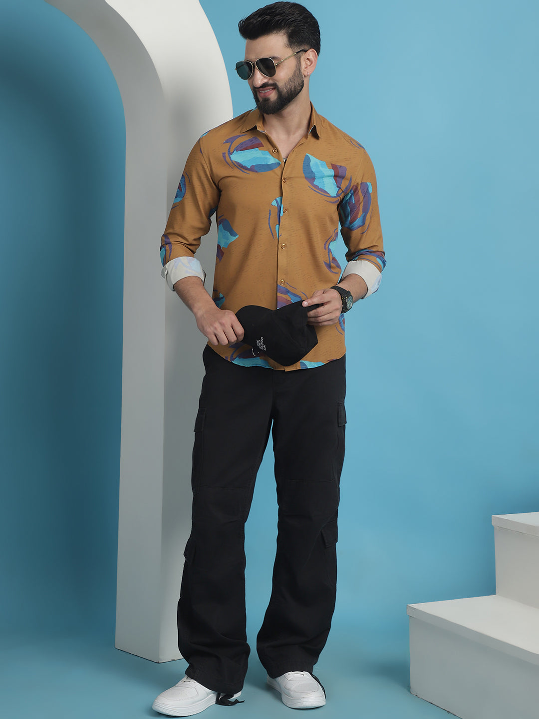 Men's Mustard Floral Printed Cotton Casual Shirt - Taantav