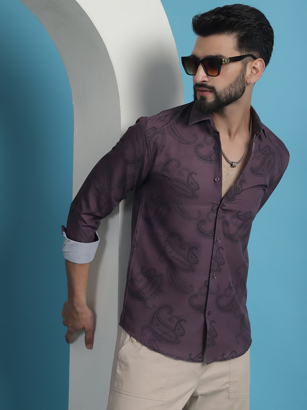 Men's Purple Floral Printed Cotton Casual Shirt - Taantav