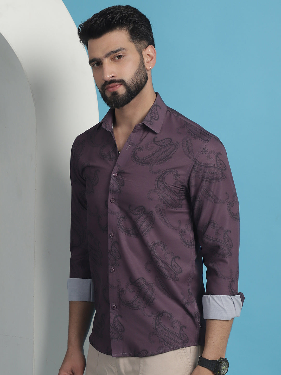 Men's Purple Floral Printed Cotton Casual Shirt - Taantav