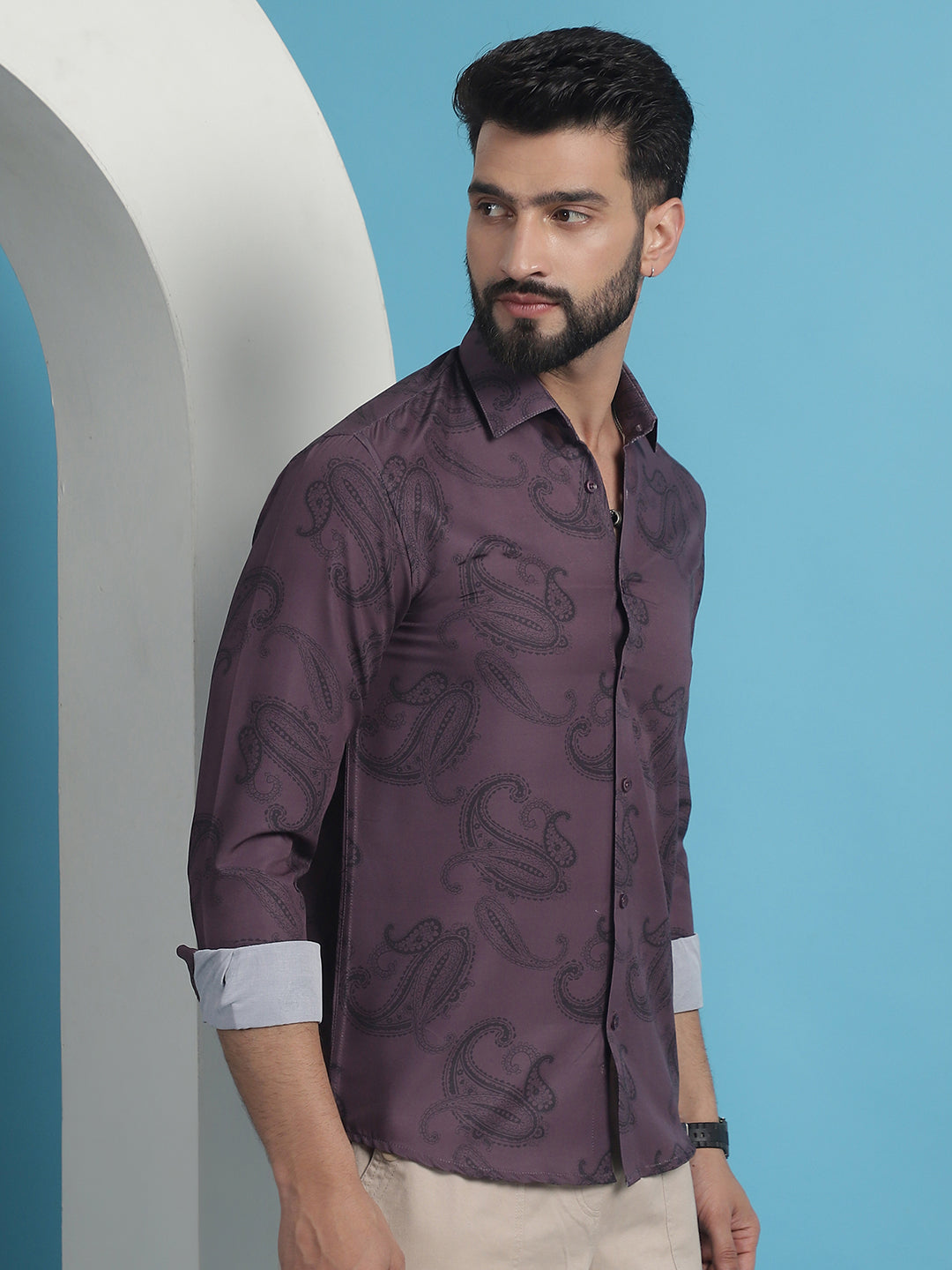 Men's Purple Floral Printed Cotton Casual Shirt - Taantav