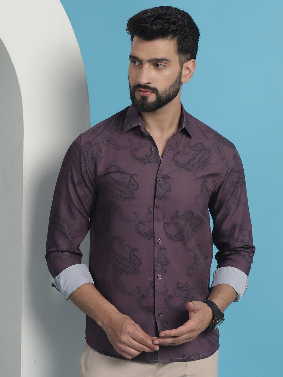 Men's Purple Floral Printed Cotton Casual Shirt - Taantav