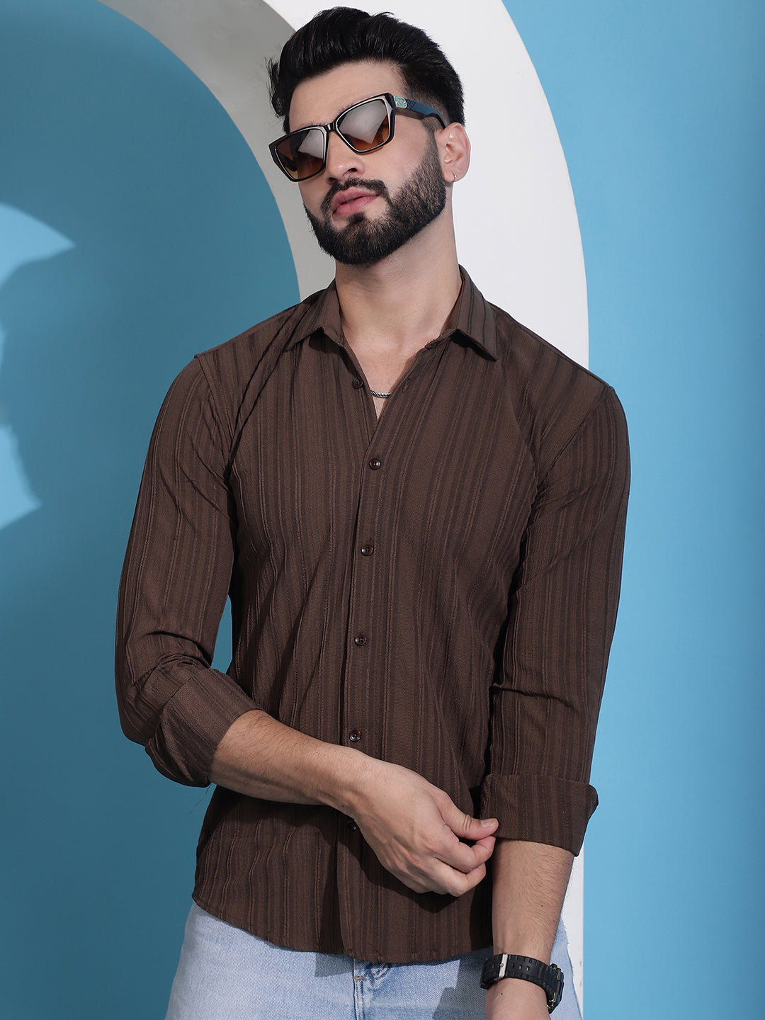 Men's Brown Striped Casual Shirt for . - Taantav