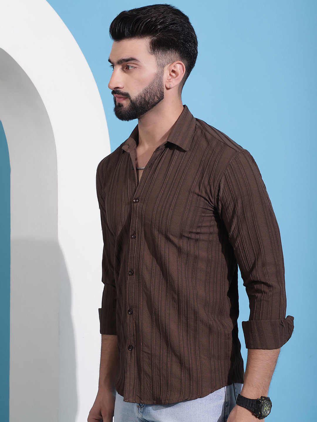 Men's Brown Striped Casual Shirt for . - Taantav