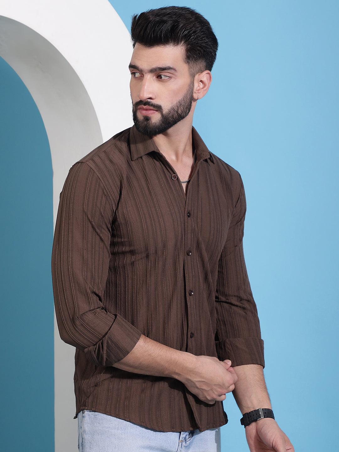 Men's Brown Striped Casual Shirt for . - Taantav