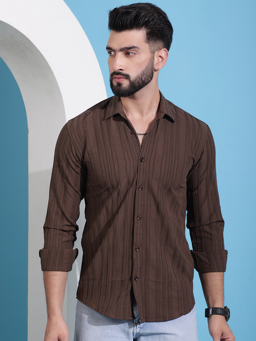 Men's Brown Striped Casual Shirt for . - Taantav