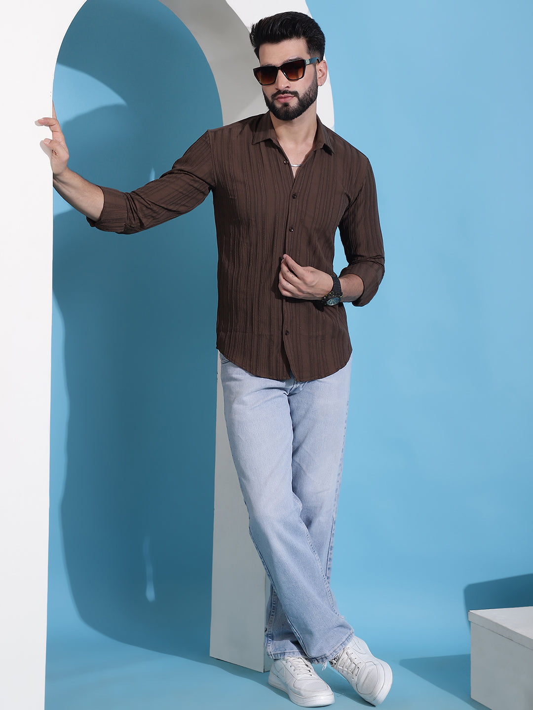 Men's Brown Striped Casual Shirt for . - Taantav