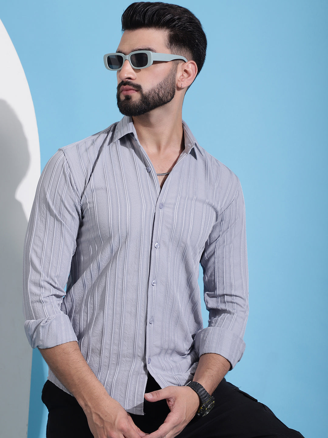 Men's Grey Striped Casual Shirt for . - Taantav