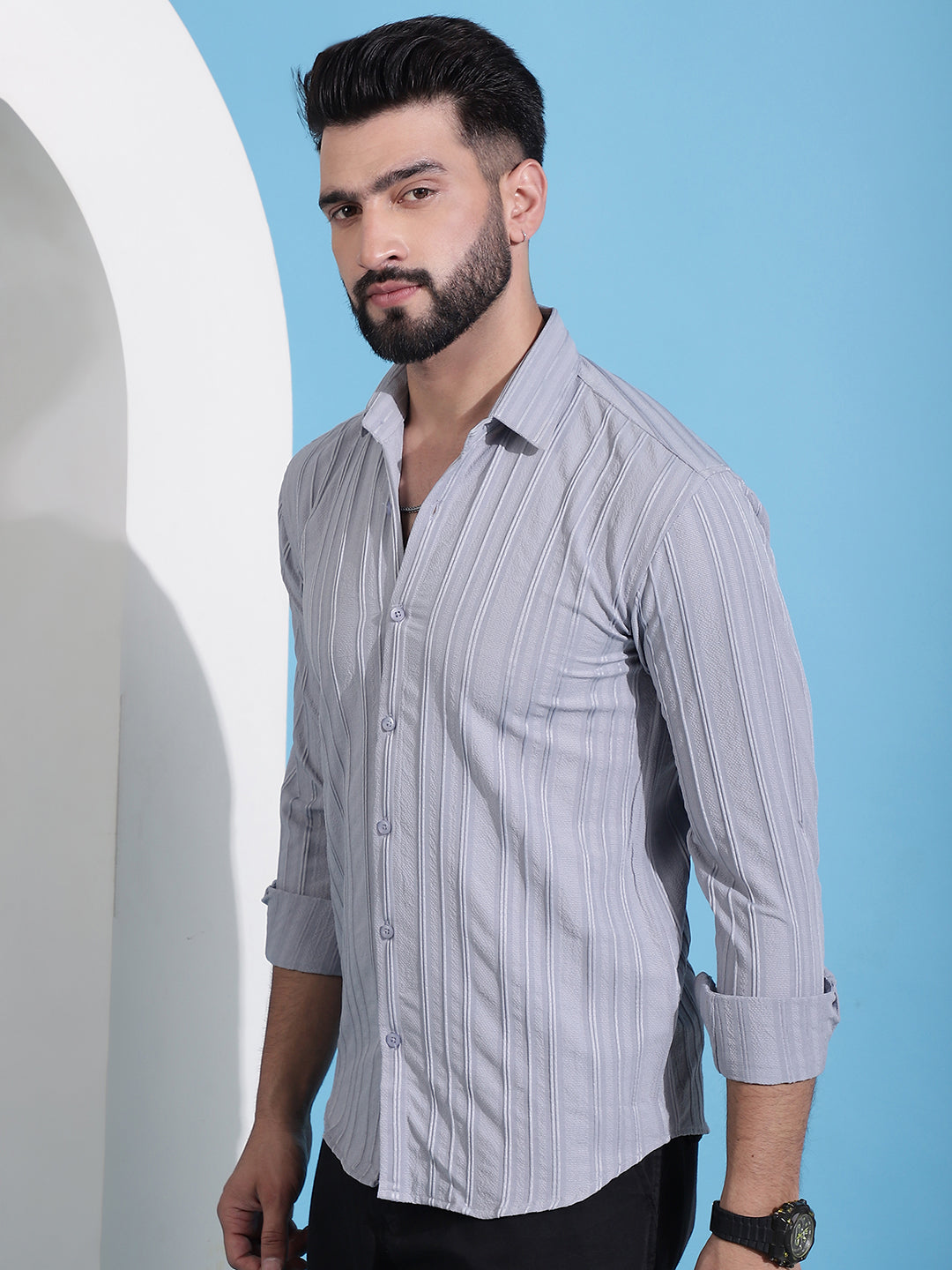 Men's Grey Striped Casual Shirt for . - Taantav