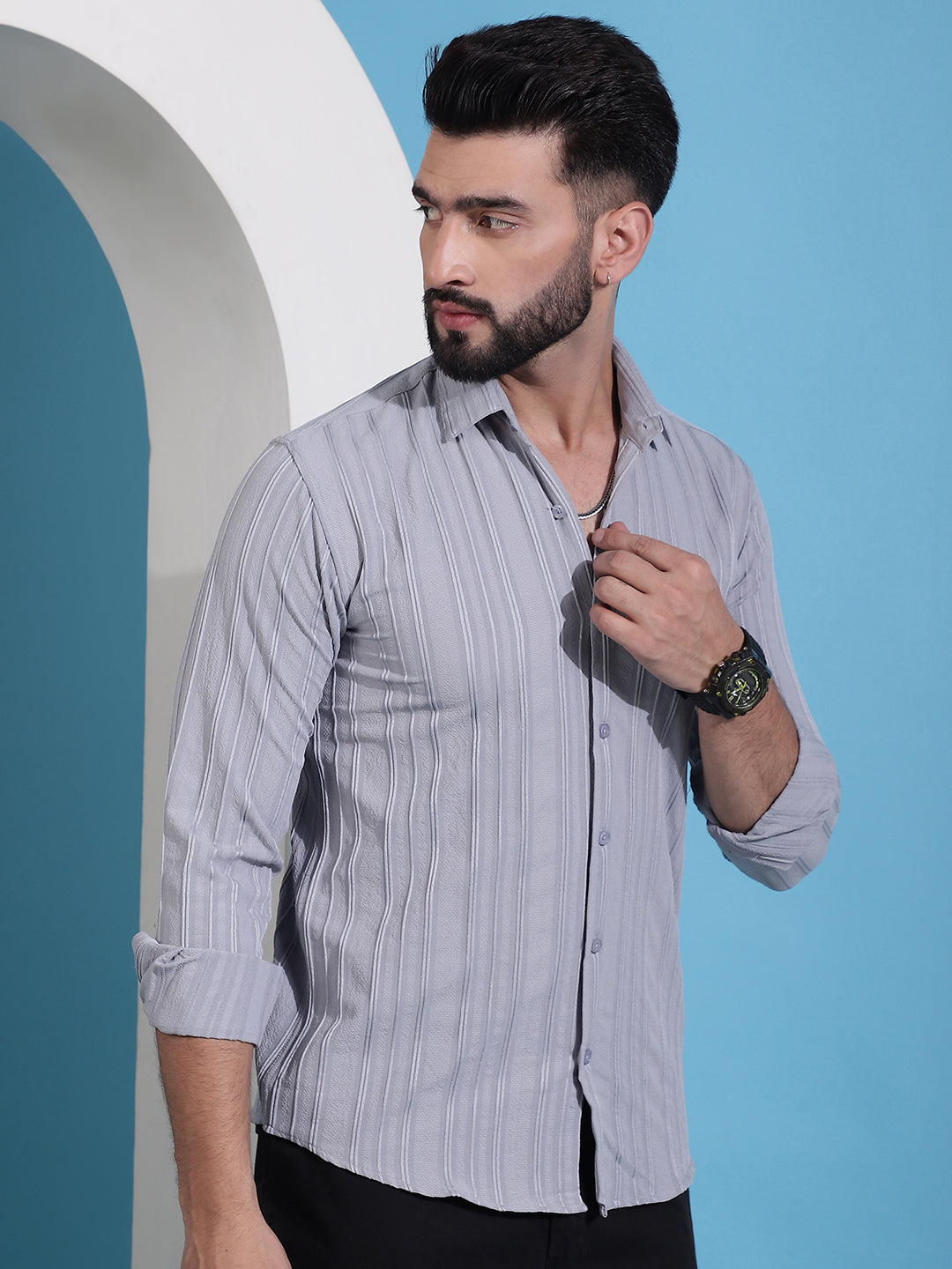 Men's Grey Striped Casual Shirt for . - Taantav