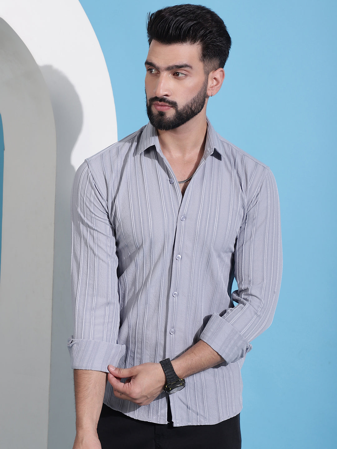 Men's Grey Striped Casual Shirt for . - Taantav