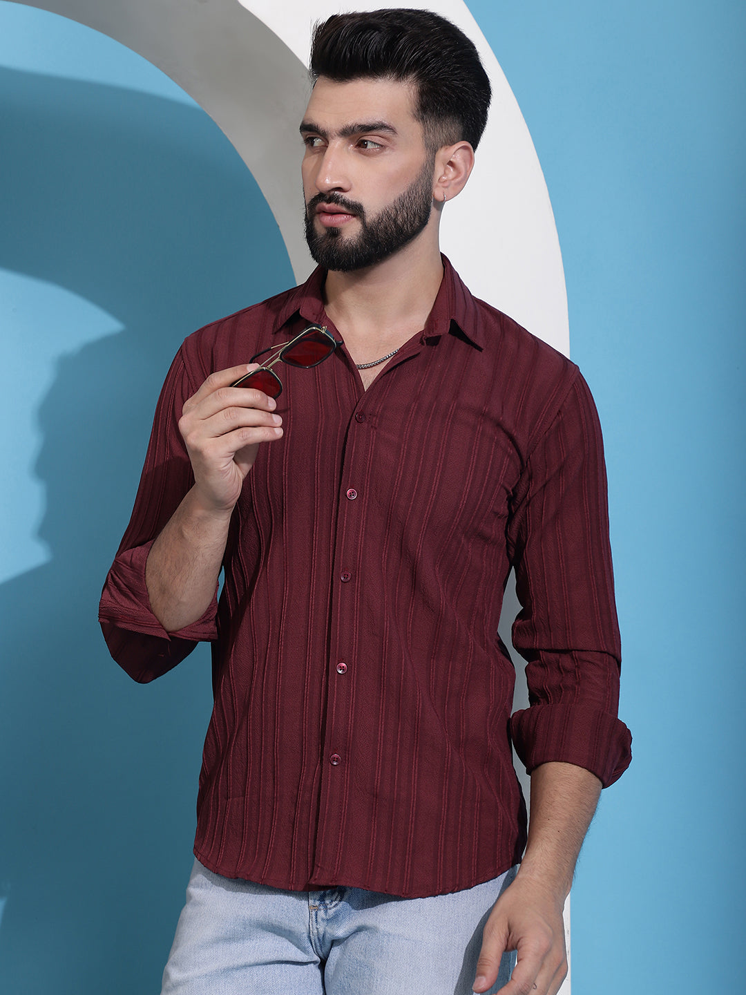 Men's Maroon Striped Casual Shirt for . - Taantav