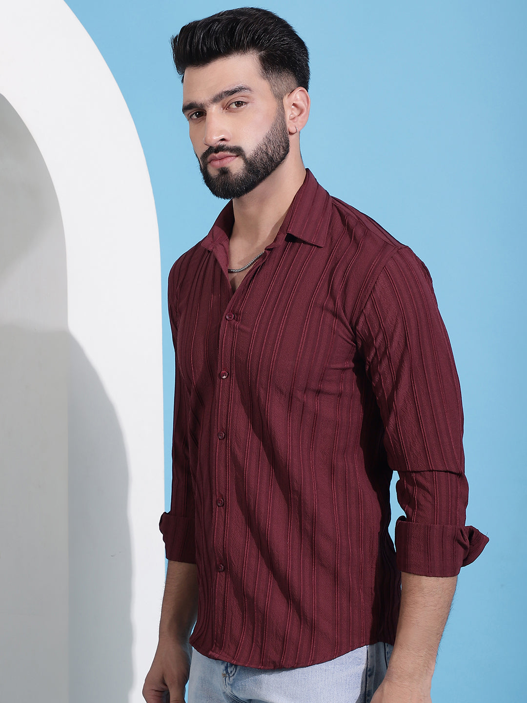 Men's Maroon Striped Casual Shirt for . - Taantav