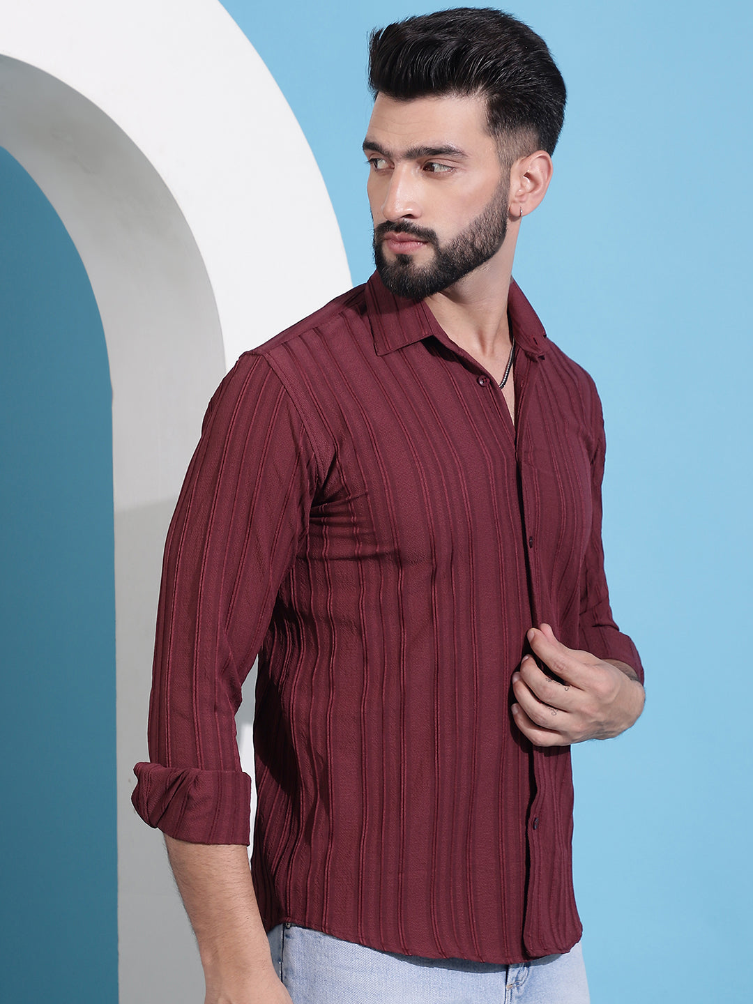 Men's Maroon Striped Casual Shirt for . - Taantav