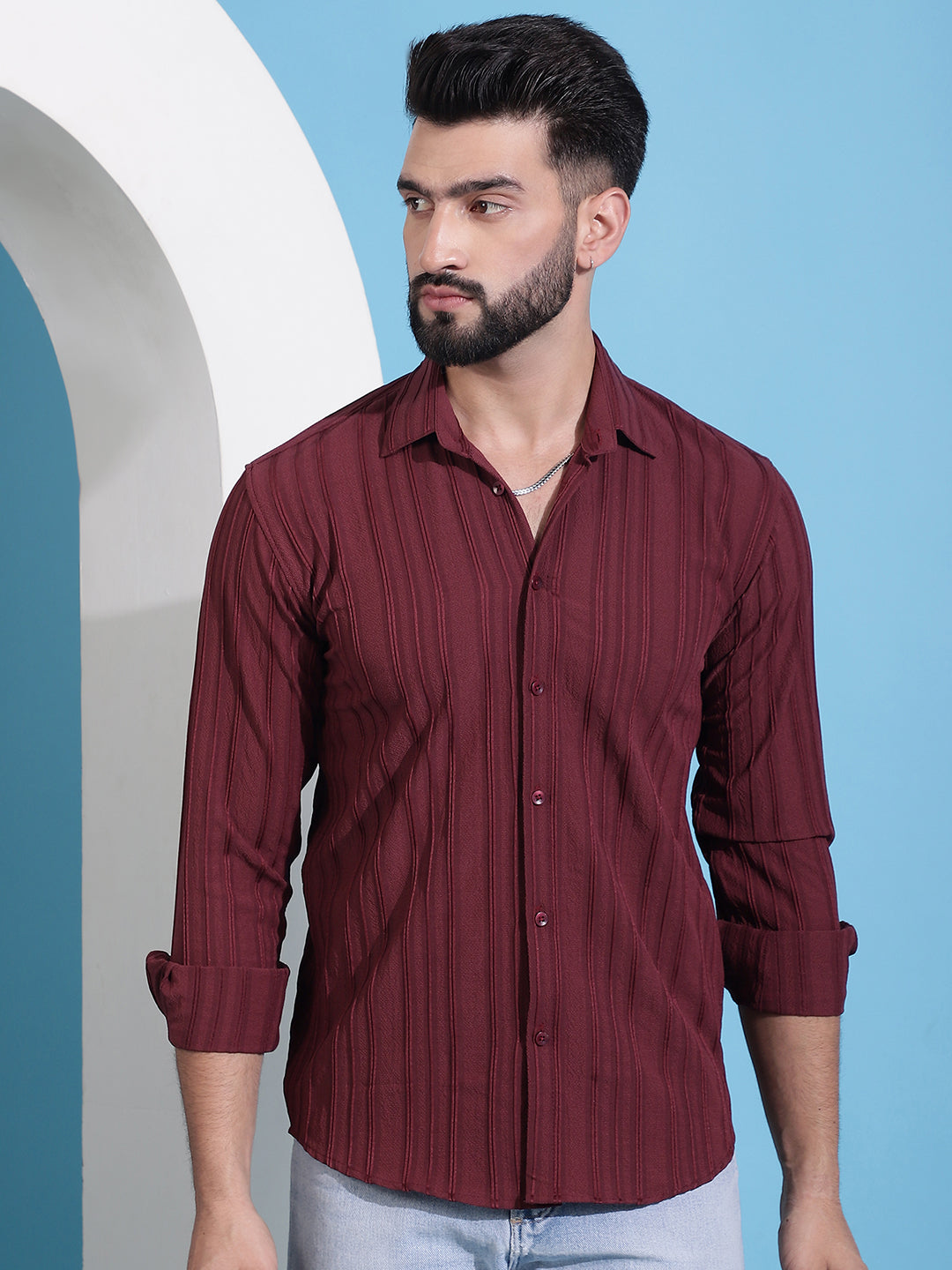 Men's Maroon Striped Casual Shirt for . - Taantav