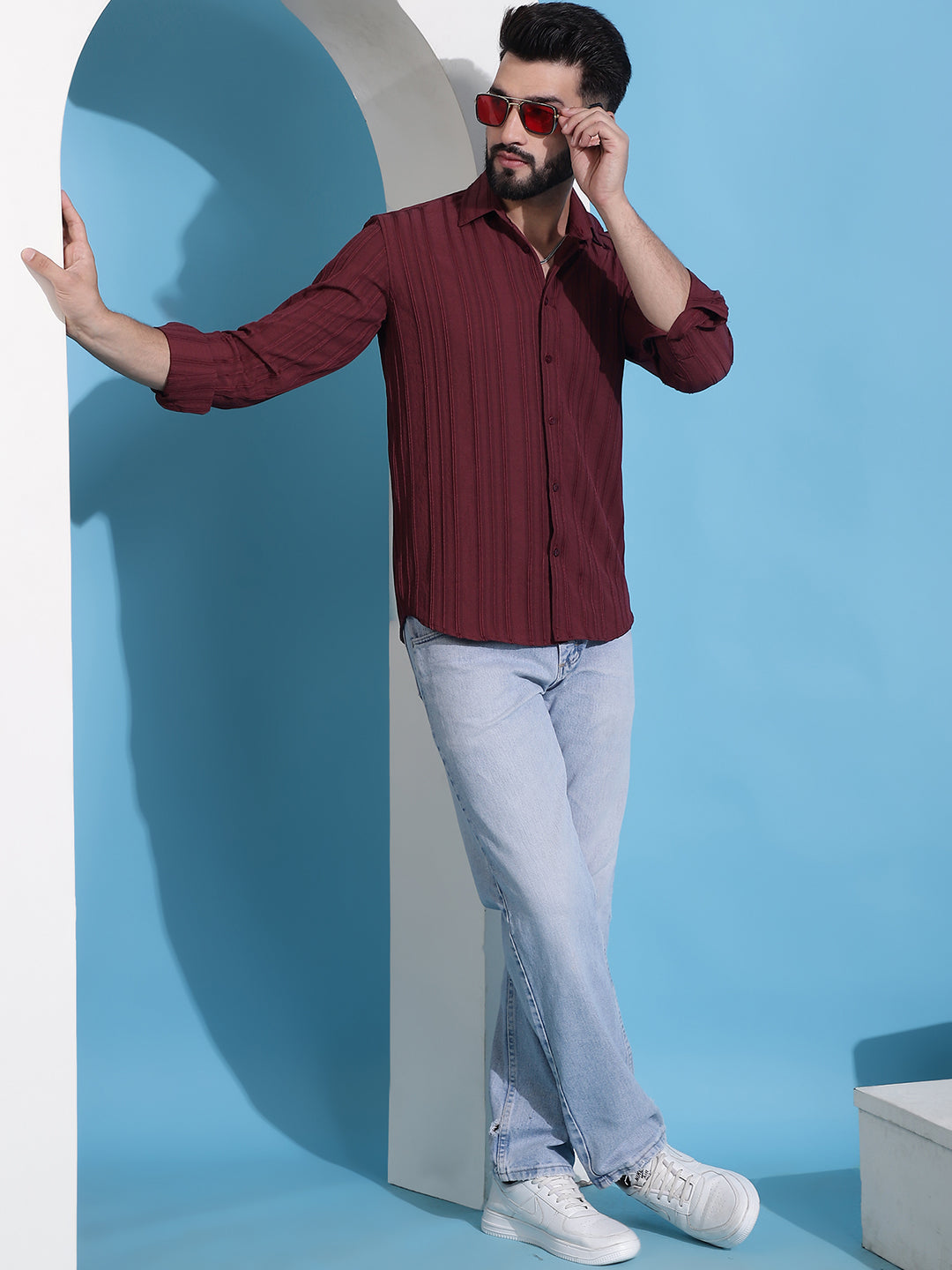 Men's Maroon Striped Casual Shirt for . - Taantav