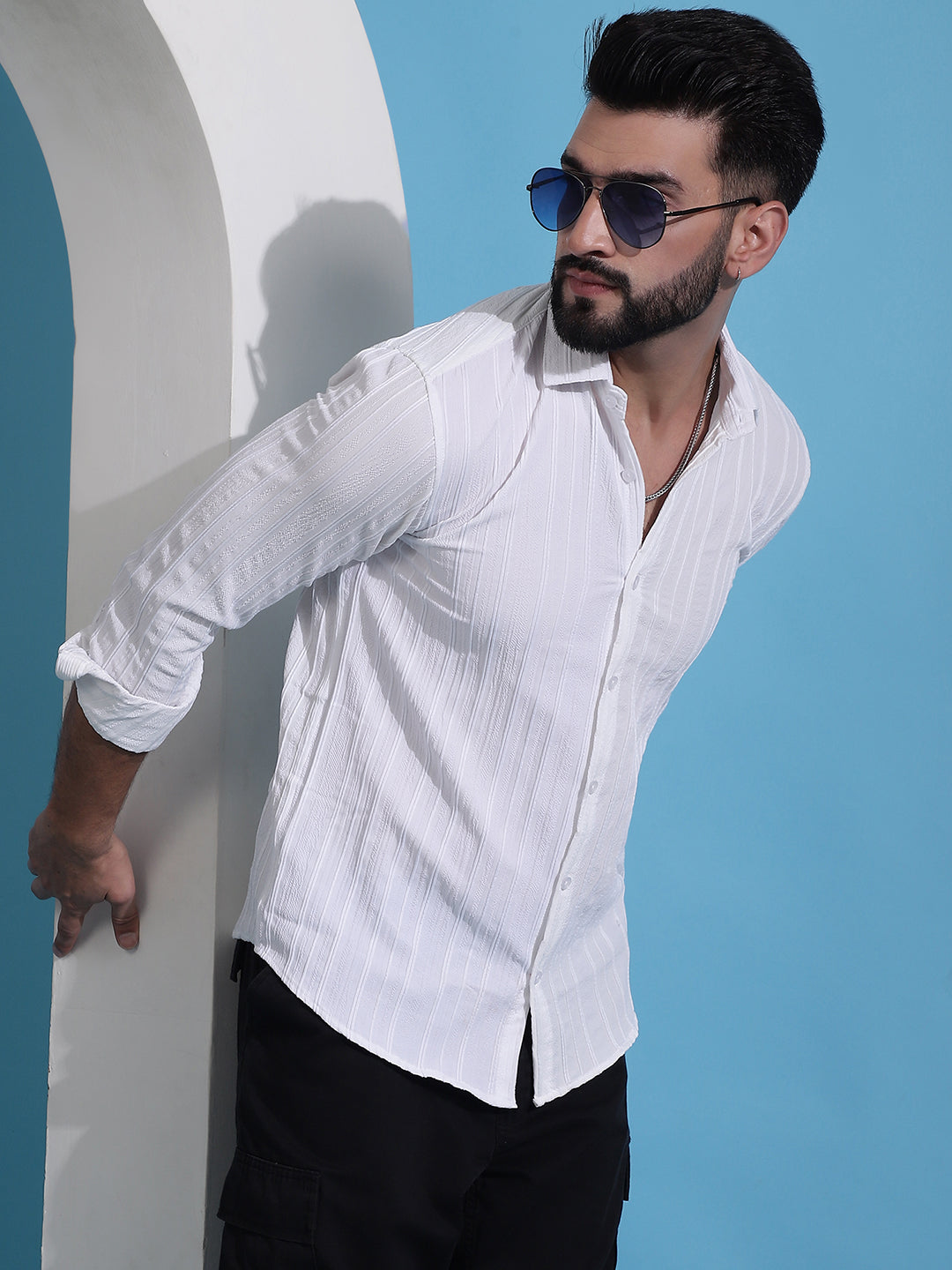 Men's White Striped Casual Shirt for . - Taantav