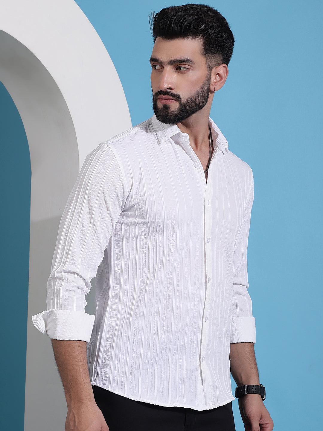 Men's White Striped Casual Shirt for . - Taantav