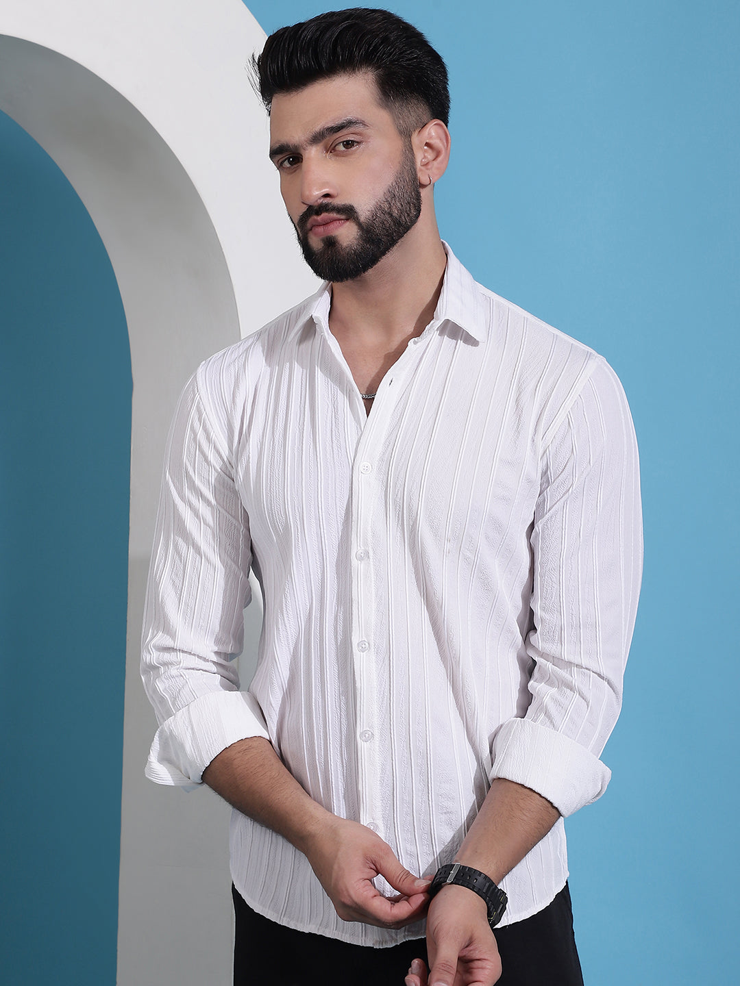 Men's White Striped Casual Shirt for . - Taantav