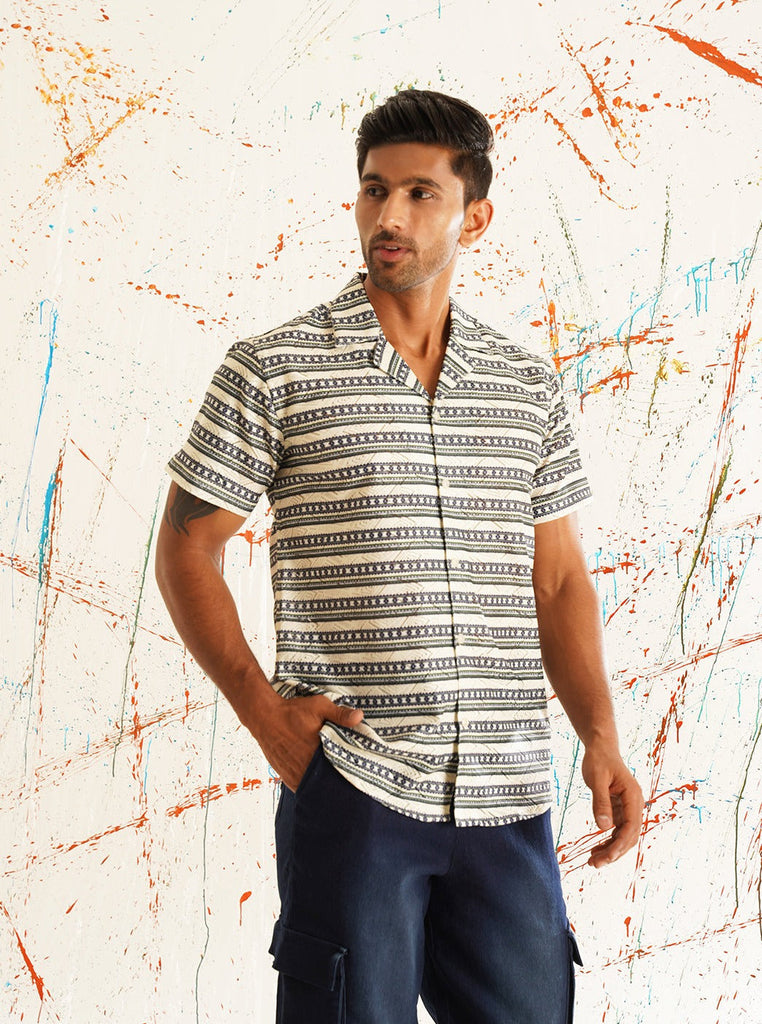 Men's Classic Printed Spread Collar Short Sleeves Cotton Casual Shirt