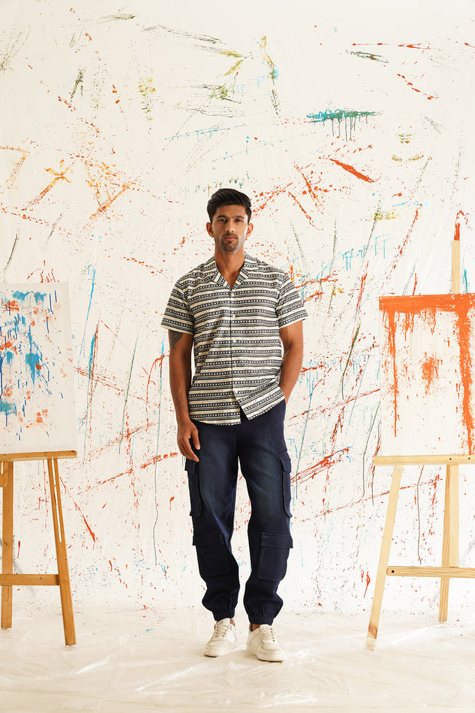 Men's Classic Printed Spread Collar Short Sleeves Cotton Casual Shirt