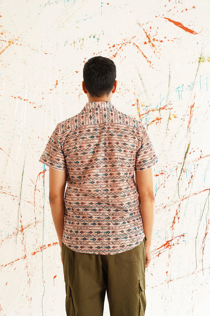 Men's Classic Peach Printed Spread Collar Short Sleeves Cotton Casual Shirt