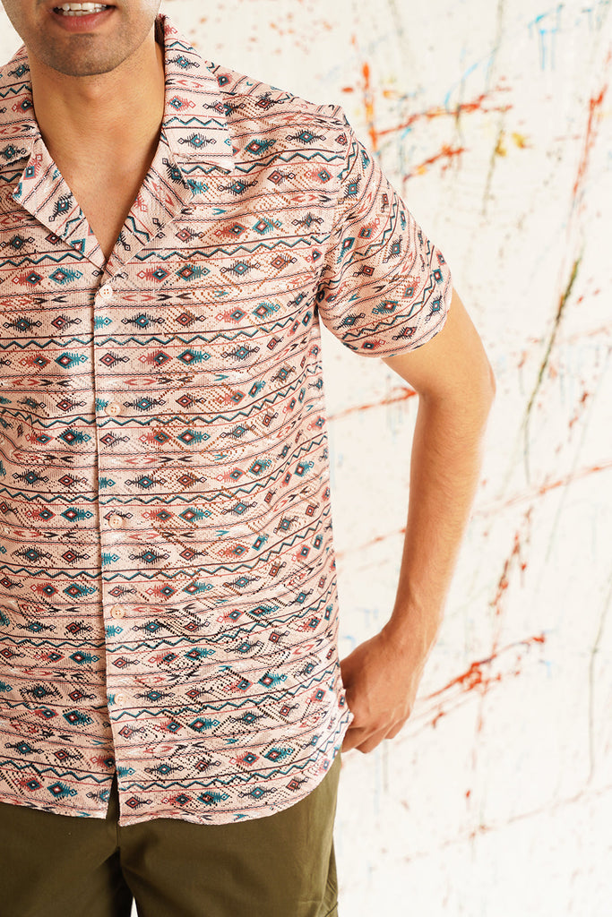 Men's Classic Peach Printed Spread Collar Short Sleeves Cotton Casual Shirt