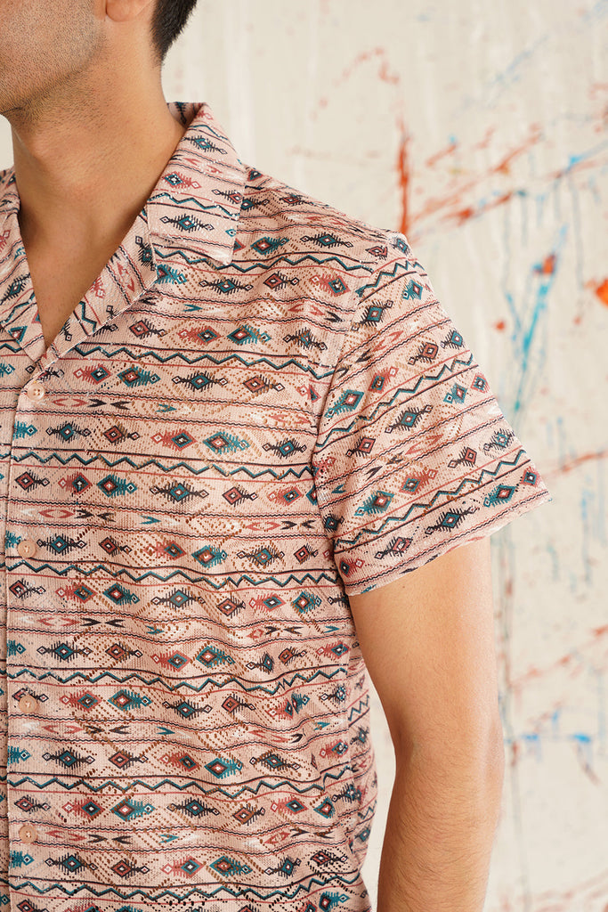 Men's Classic Peach Printed Spread Collar Short Sleeves Cotton Casual Shirt
