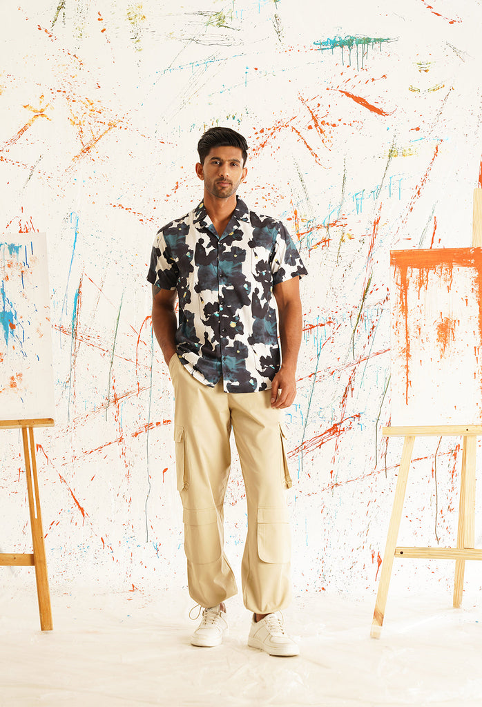 Men's Classic Floral Printed Spread Collar Cotton Curved Casual Shirt