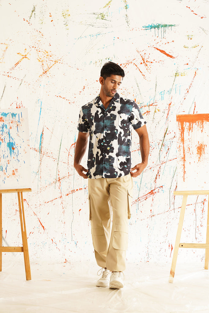 Men's Classic Floral Printed Spread Collar Cotton Curved Casual Shirt
