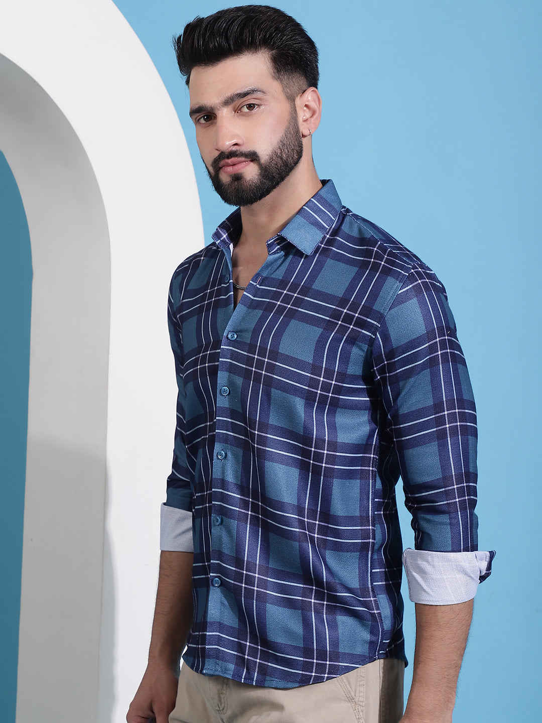 Men's Blue Checked Cotton Casual Shirt for Men - Taantav