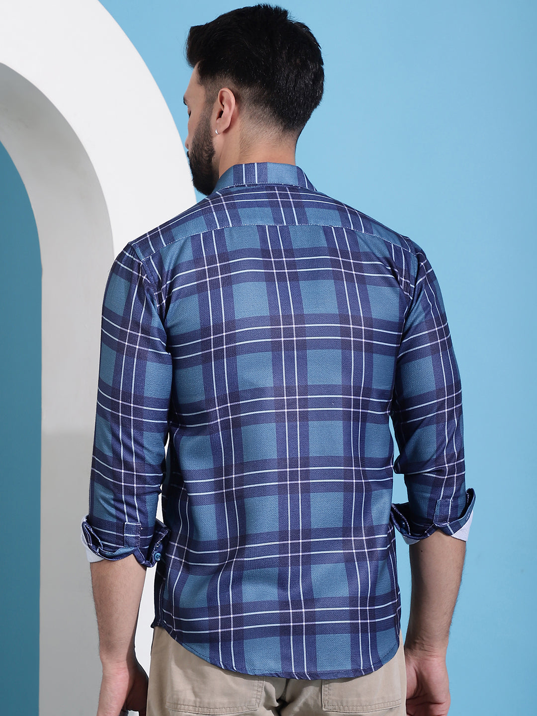 Men's Blue Checked Cotton Casual Shirt for Men - Taantav