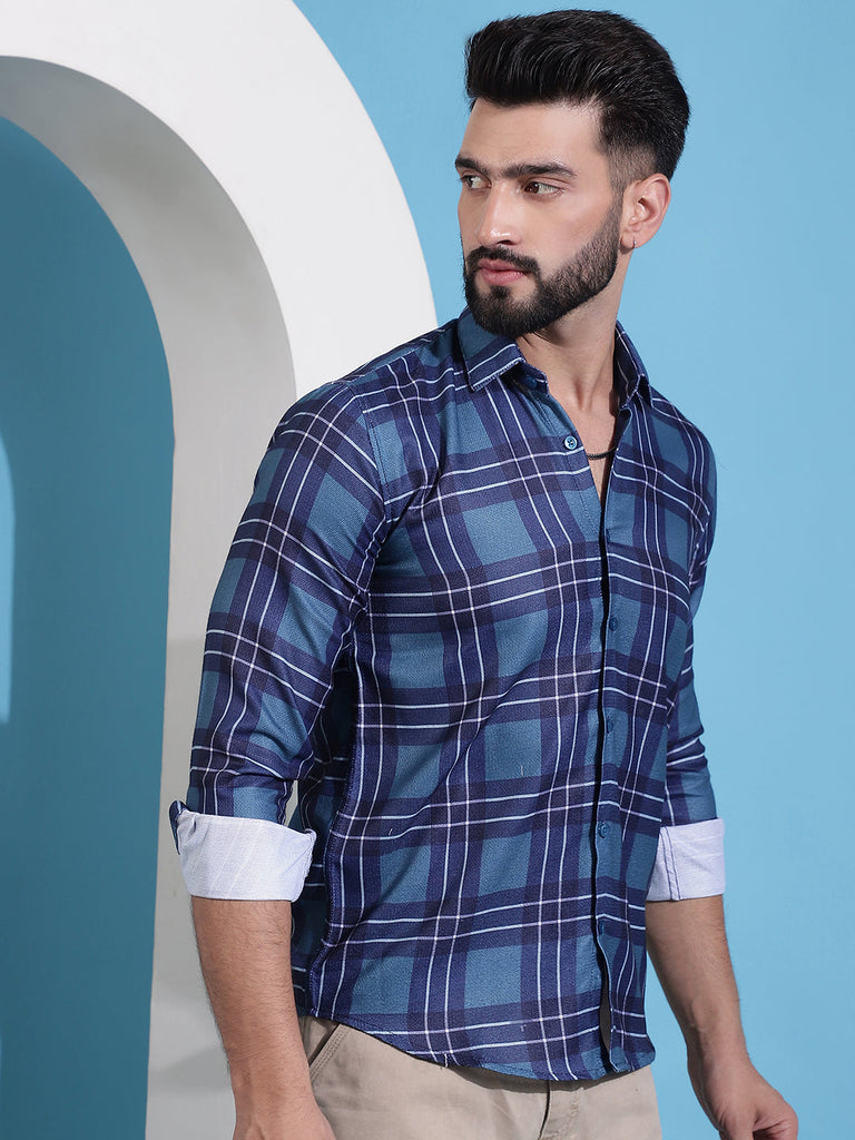 Men's Blue Checked Cotton Casual Shirt for Men