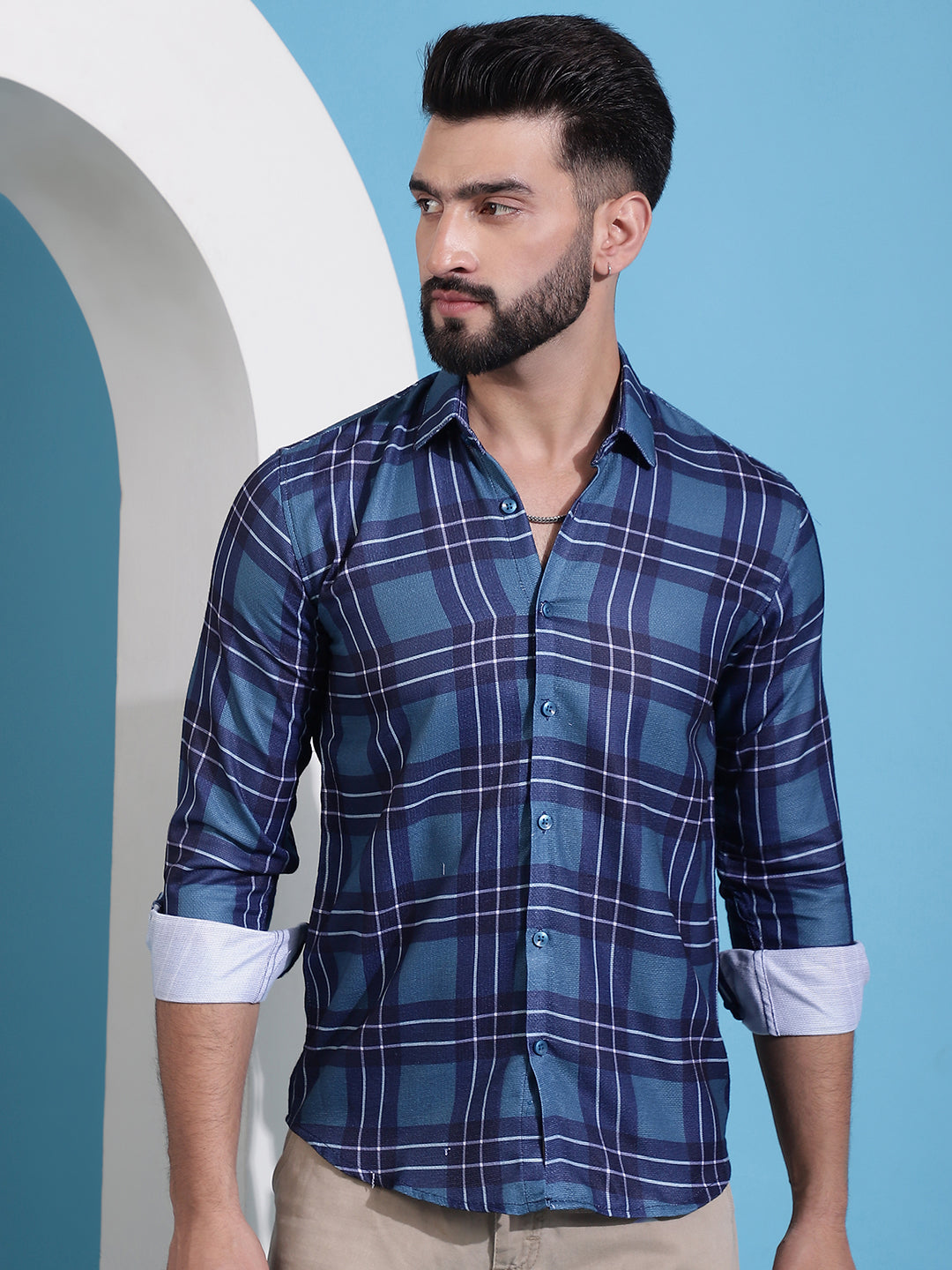 Men's Blue Checked Cotton Casual Shirt for Men - Taantav