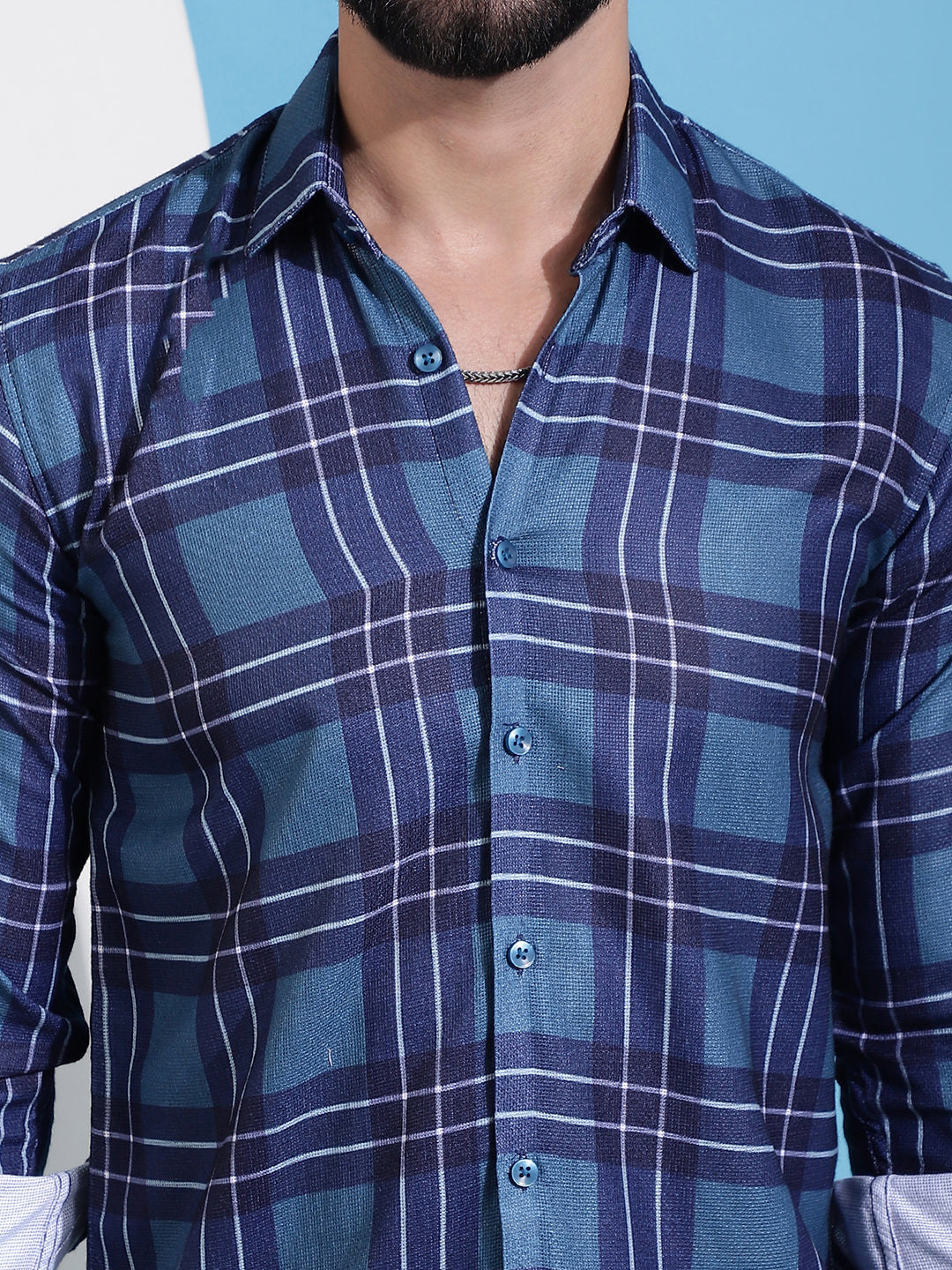 Men's Blue Checked Cotton Casual Shirt for Men - Taantav