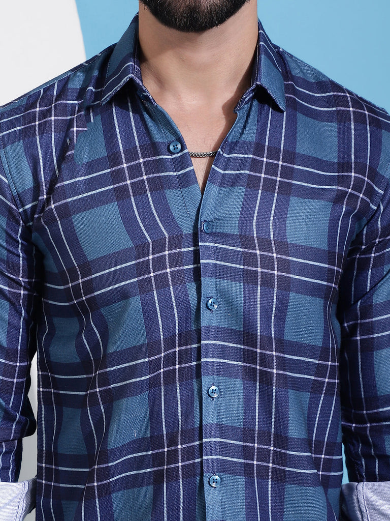 Men's Blue Checked Cotton Casual Shirt for Men
